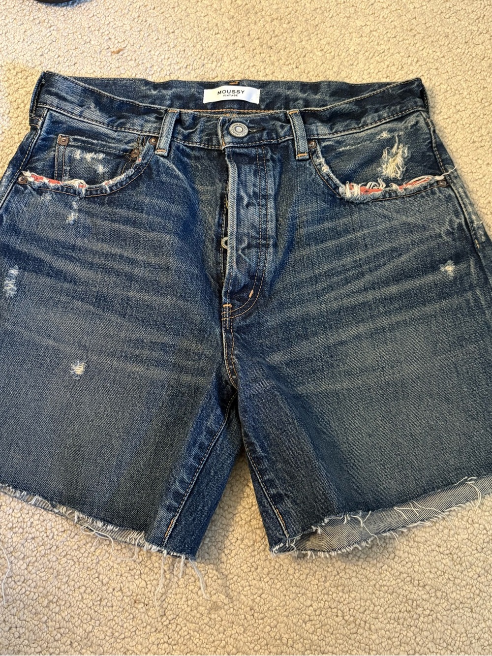 Moussy Distressed Dark Blue Denim Cutoff Shorts